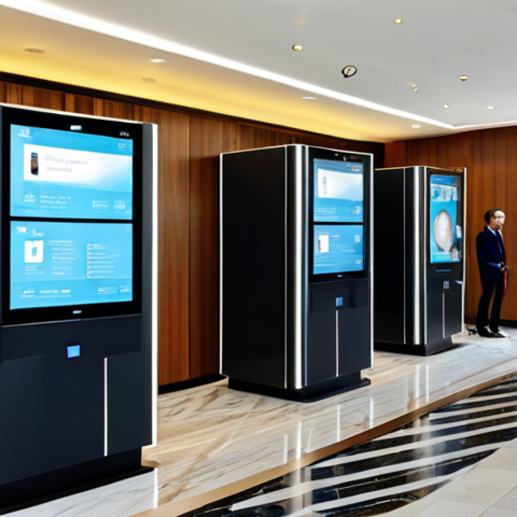 Modern Hotel Lobby - Focus on Technology and Personalization**

"A bright, modern hotel lobby, showcasing a digital check-in kiosk and a friendly concierge interacting with guests.  Guests are fully clothed in fashionable travel attire.  The scene includes comfortable seating areas and subtle displays of local art.  Emphasis on clean lines, inviting atmosphere, and advanced technology.  Safe for work, appropriate content, fully clothed, professional photography, perfect anatomy, natural proportions, high quality."

**