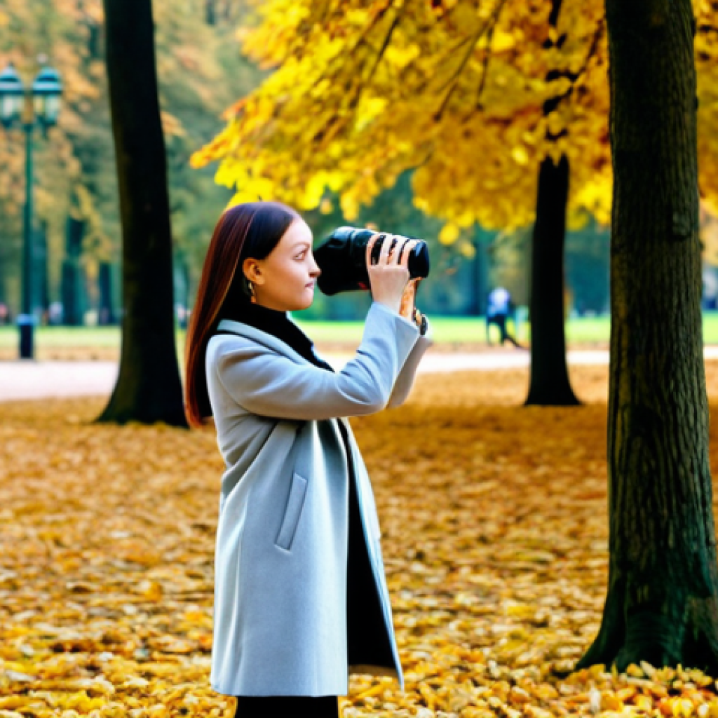 가상현실 관광 - **A professional travel blogger** in a stylish, modest autumn outfit, taking photos of the colorful ...