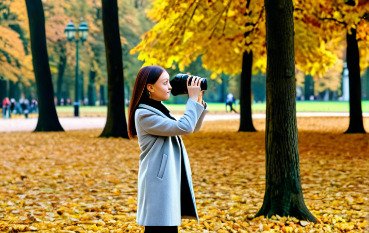가상현실 관광 - **A professional travel blogger** in a stylish, modest autumn outfit, taking photos of the colorful ...