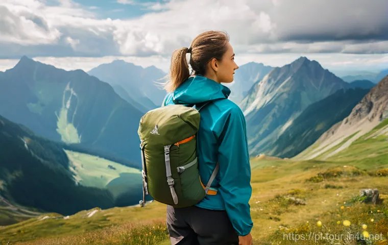 혼자 여행하는 문화 - **A Serene Moment in the Polish Mountains:** A female solo traveler, aged 25-35, stands confidently ...