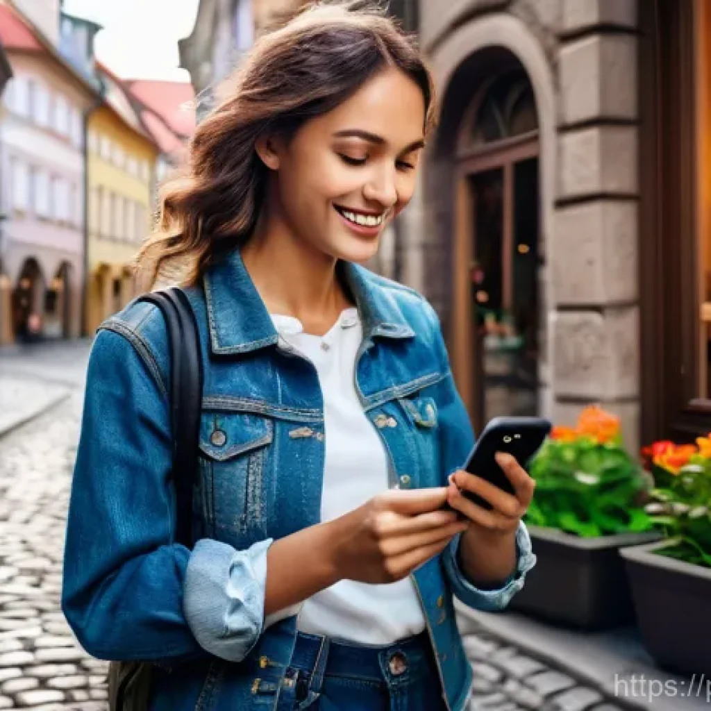 스마트 관광 기술 - A young woman, casually dressed in a stylish jacket and jeans, stands on a charming cobblestone stre...
