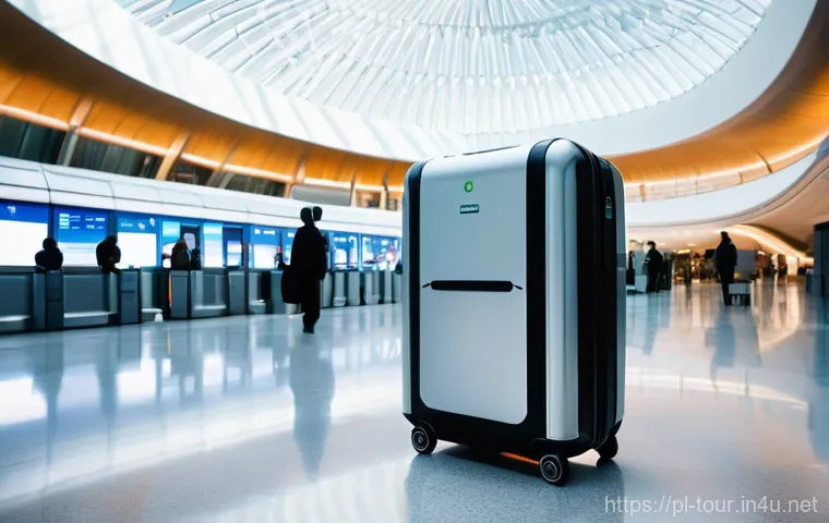 스마트 관광 기술 - A family of three (two adults and a teenager, all modestly dressed in comfortable travel attire) sta...