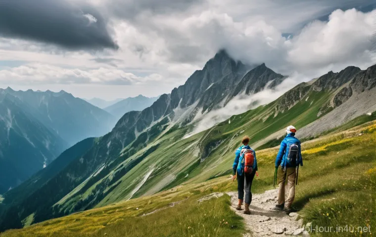 관광산업의 리스크 분석 - Image Prompt 1: Prepared Mountain Hikers Facing Changing Weather**