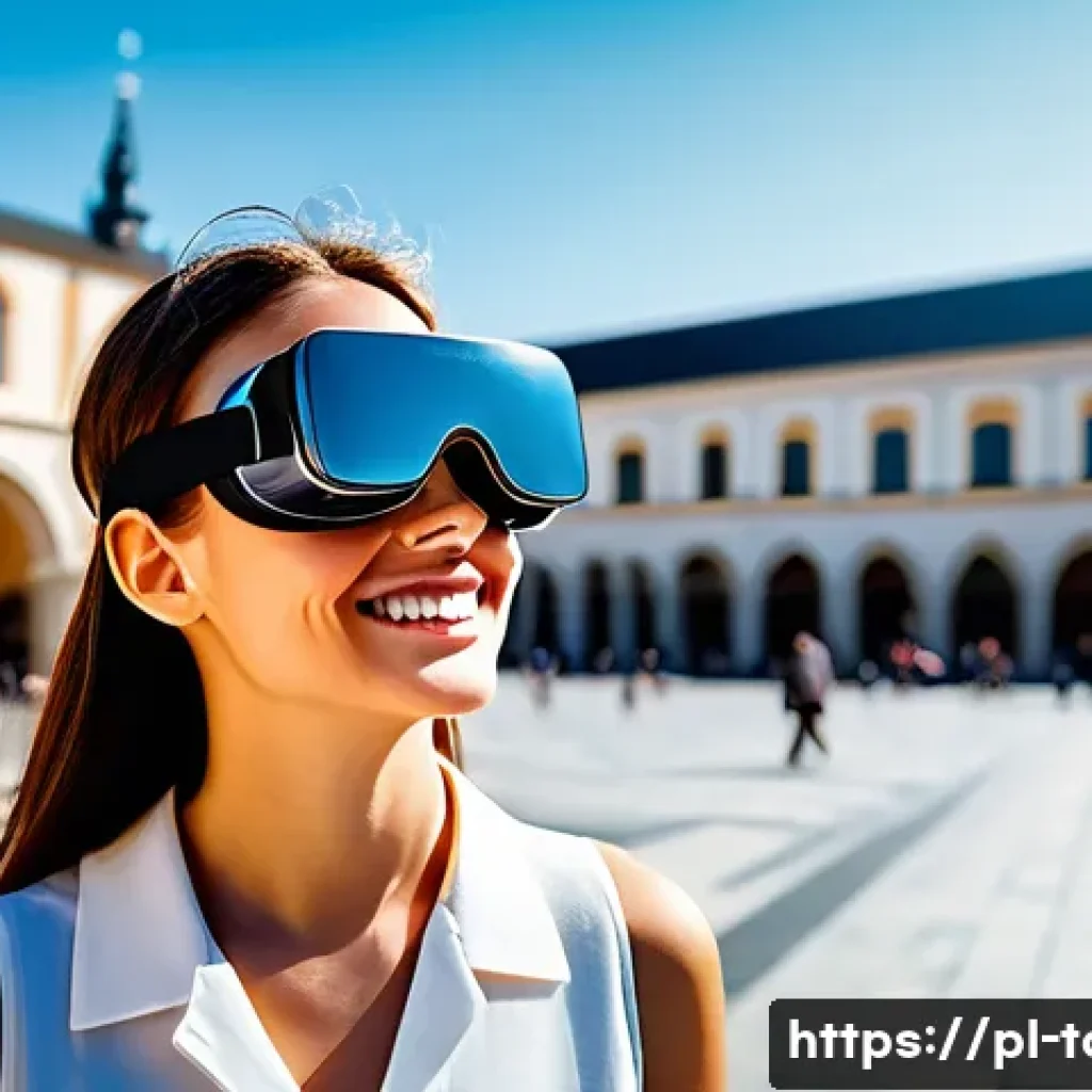 관광학 연구 사례 분석 - A woman in her late 20s, with a radiant smile, is wearing stylish, contemporary VR goggles. She is v...