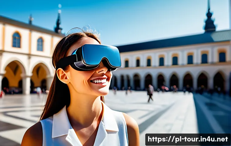 관광학 연구 사례 분석 - A woman in her late 20s, with a radiant smile, is wearing stylish, contemporary VR goggles. She is v...