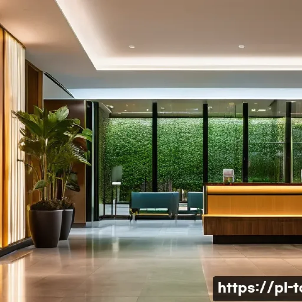 친환경 호텔 운영 - A modern hotel lobby illuminated with warm, energy-efficient LED lighting, featuring sleek fixtures ...