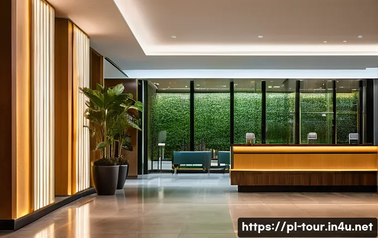 친환경 호텔 운영 - A modern hotel lobby illuminated with warm, energy-efficient LED lighting, featuring sleek fixtures ...