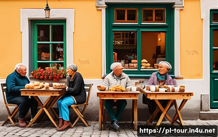 여행 트렌드 - A cozy, sunlit local caf&eacute; scene in a small Polish town, featuring diverse travelers enjoying coffee ...