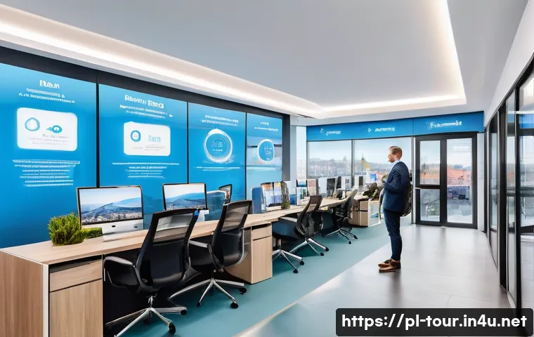 관광 경영의 글로벌화 - A modern travel agency office in Warsaw, Poland, showcasing digital transformation in tourism manage...