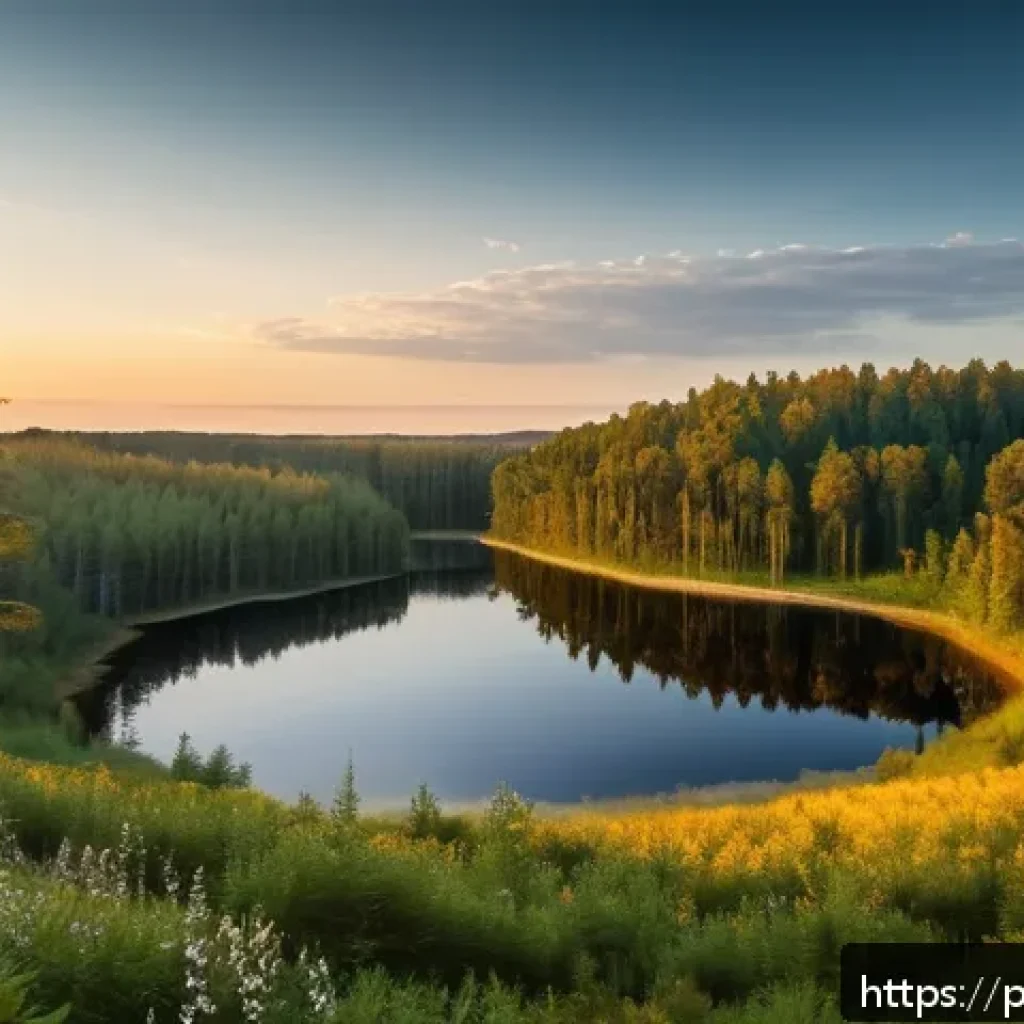 지역 관광 - A serene landscape of Bory Tucholskie featuring vast pine forests under a soft golden sunset, with c...