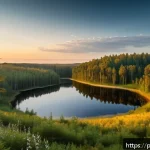 지역 관광 - A serene landscape of Bory Tucholskie featuring vast pine forests under a soft golden sunset, with c...