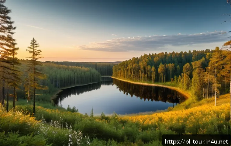 지역 관광 - A serene landscape of Bory Tucholskie featuring vast pine forests under a soft golden sunset, with c...