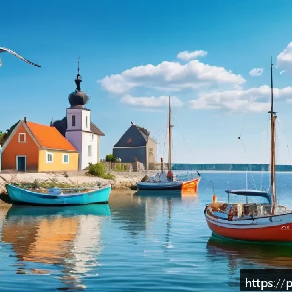 해양 관광 - A serene sailing scene in Puck Bay, Poland during a sunny summer day, featuring a family-friendly sa...