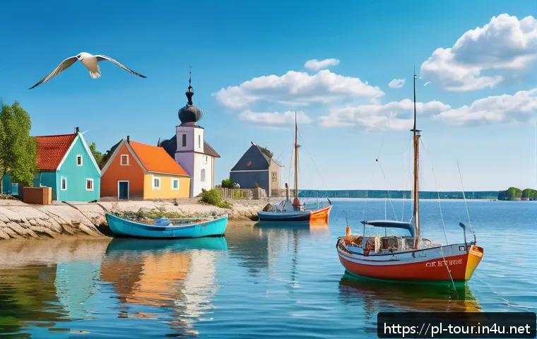 해양 관광 - A serene sailing scene in Puck Bay, Poland during a sunny summer day, featuring a family-friendly sa...