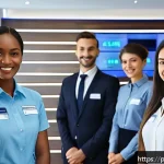 호텔과 리조트 경영 - A modern hotel reception scene showing a friendly multilingual staff member assisting diverse guests...