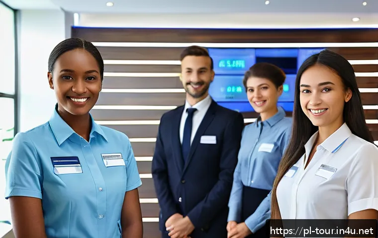 호텔과 리조트 경영 - A modern hotel reception scene showing a friendly multilingual staff member assisting diverse guests...