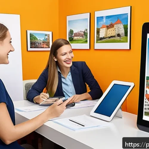여행사 패키지 상품 기획 - A vibrant travel agency office scene in Poland, featuring a diverse group of smiling clients discuss...