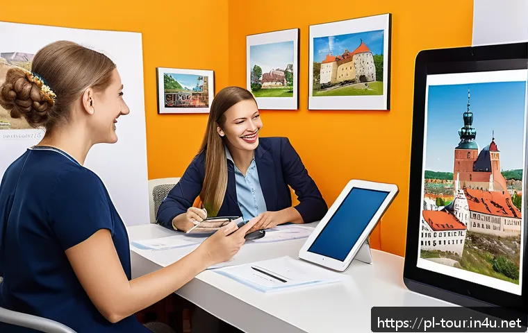 여행사 패키지 상품 기획 - A vibrant travel agency office scene in Poland, featuring a diverse group of smiling clients discuss...