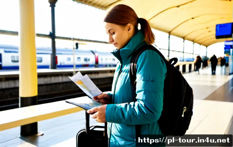 여행 안전 지침 - Photorealistic travel safety scene at a bright European railway station in Poland, a mature Polish t...
