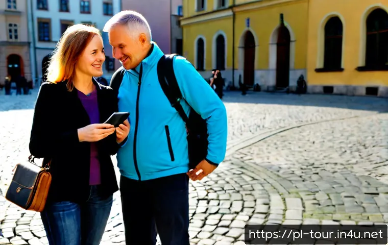 모바일 관광 - Photorealistic travel scene in Krakow, Poland: a cheerful middle-aged couple using a smartphone with...
